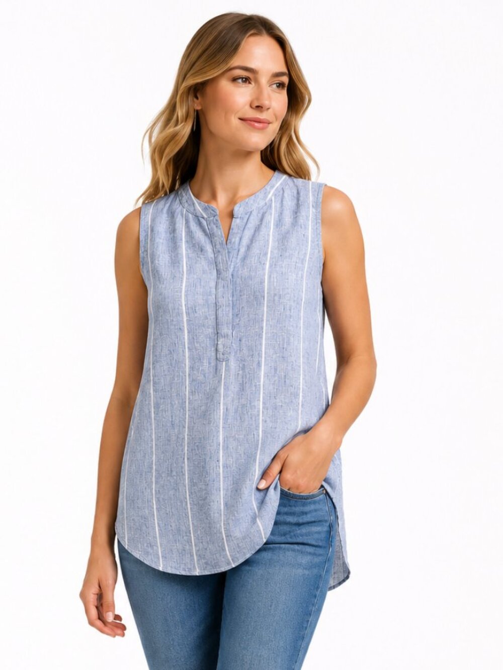 Ellen Tracy 100% Linen Sleeveless Striped Blouse